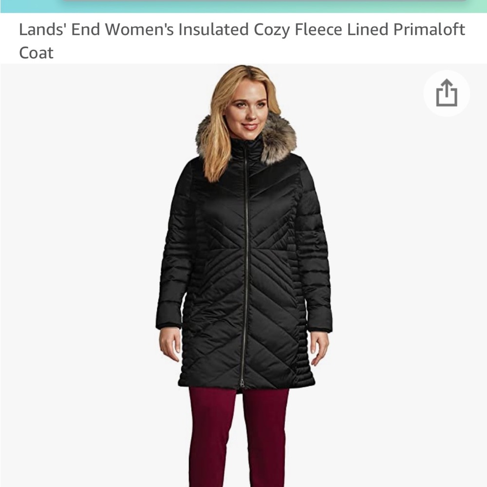 Lands' End Women's Black Insulated Puffer Coat with Faux Fur Trim